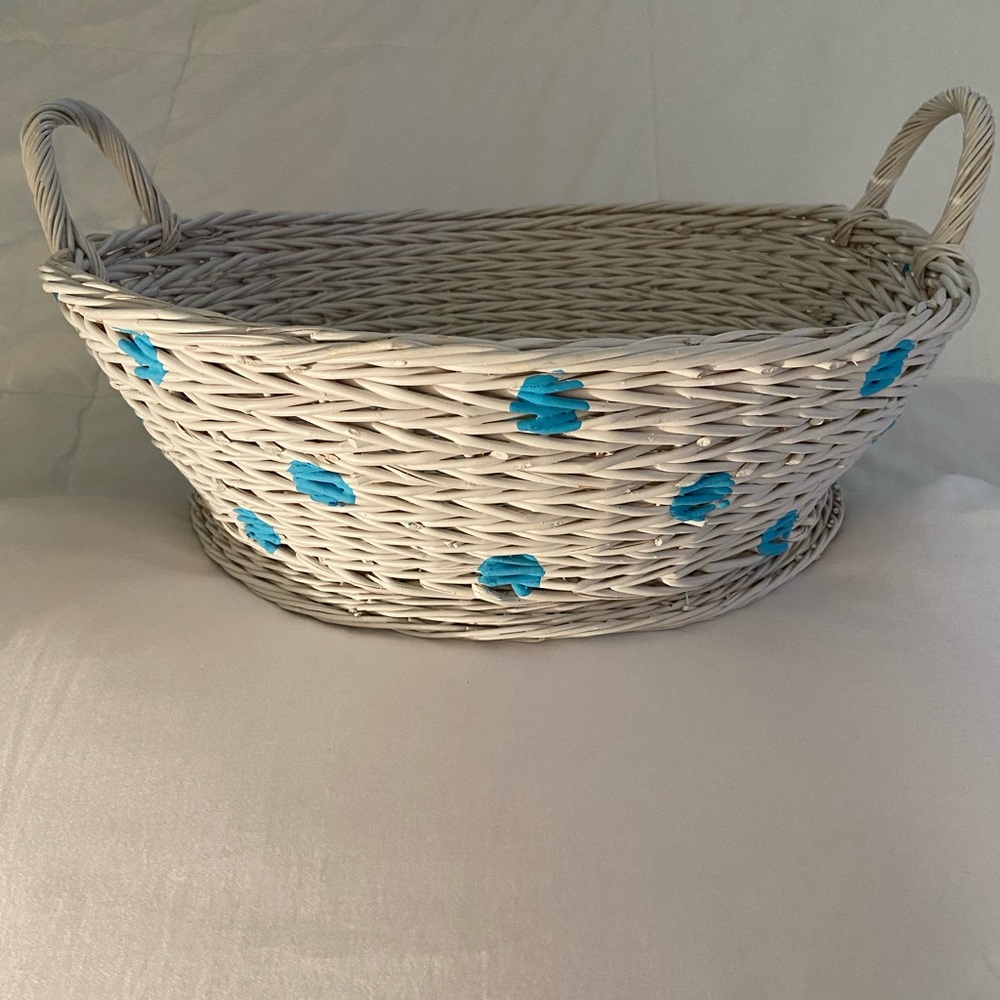 White Wicker Basket with Blue Polkadots